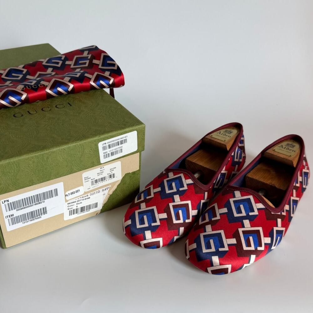 NIB Gucci Voyage Geometric "G" Print Satin Slippers Red/Blue Multi UK 8 US 9